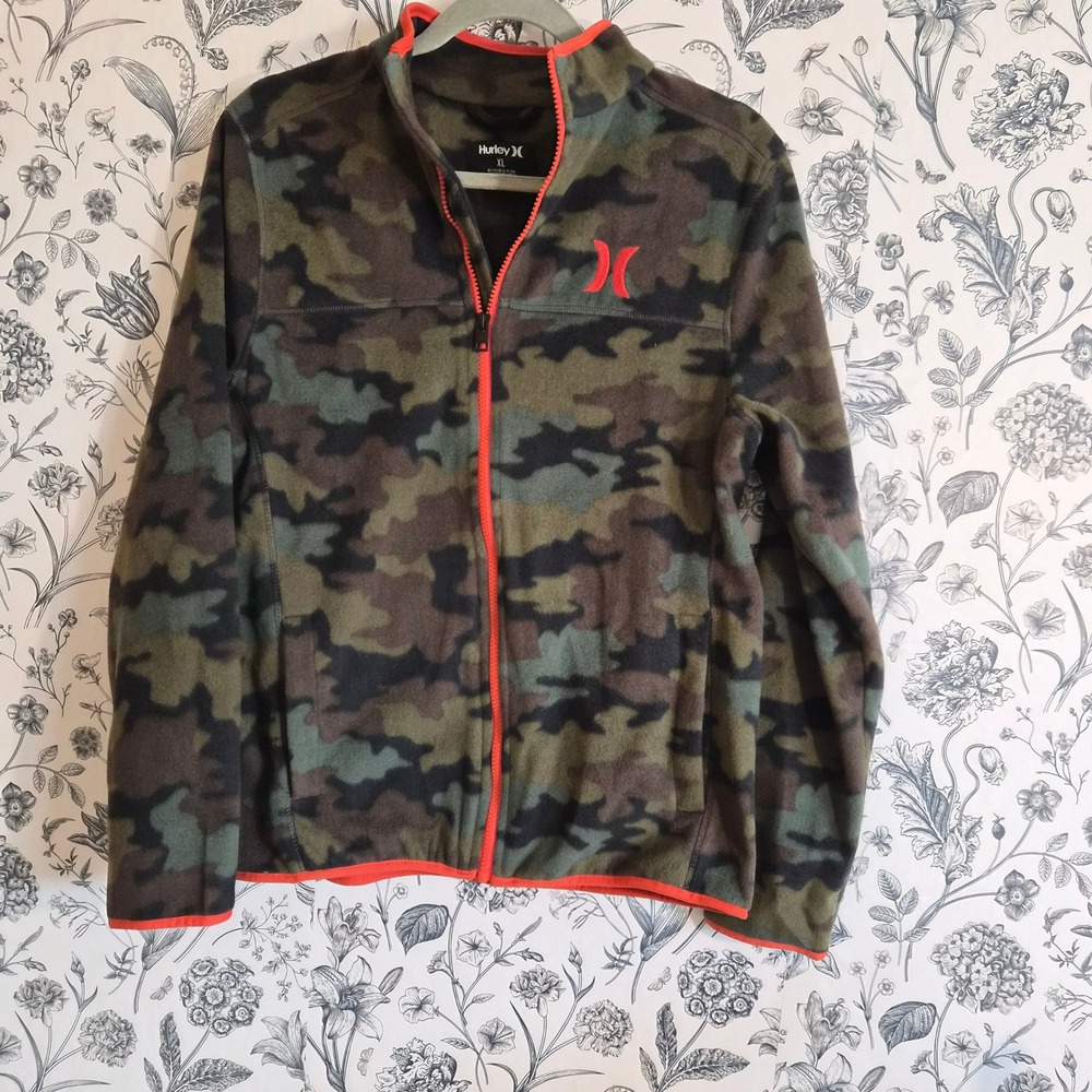 Hurley Boys XL Camo Fleece Full Zip Jacket Orange Trim Gorpcore Camouflage